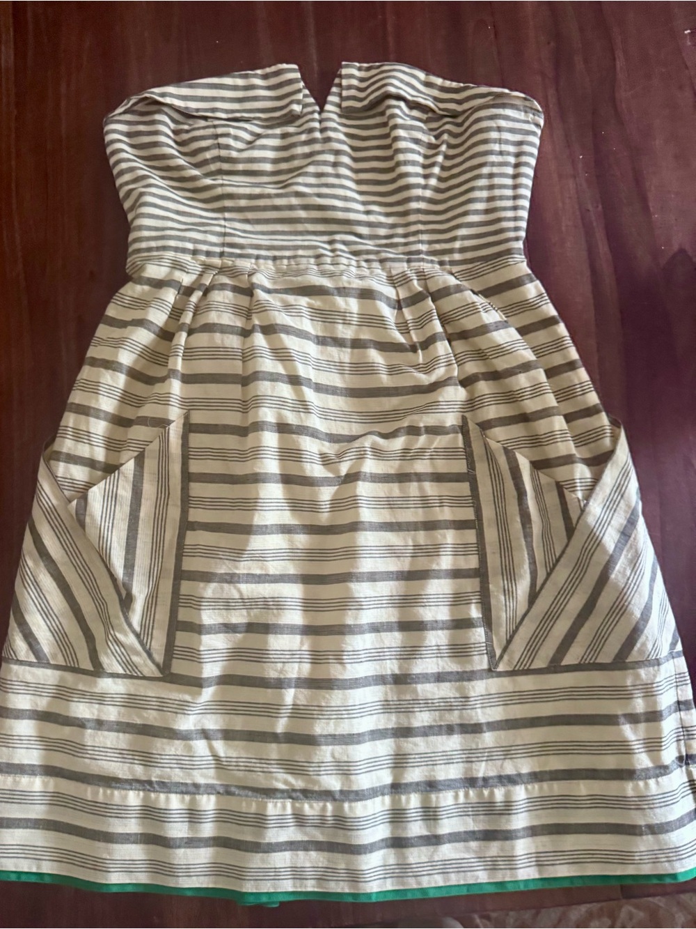 Maeve….Striped Strapless Summer Dress in White and Gray… size 10